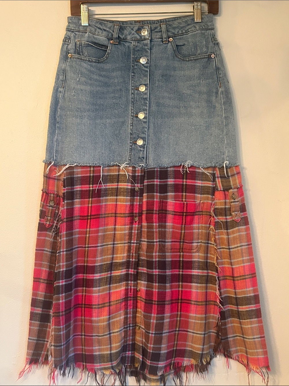 Upcycled denim and flannel button down shirt skirt